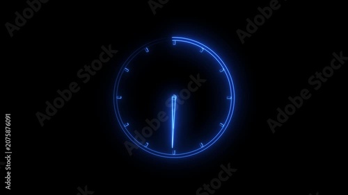 Glowing neon blue color clock animation icon on black background.with 4k video animation....