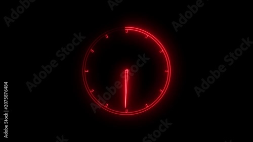 Glowing neon Red color clock animation icon on black background.with 4k video animation....