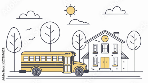 Minimal school bus parked in front of educational building with sun clouds and stylized leaf trees.