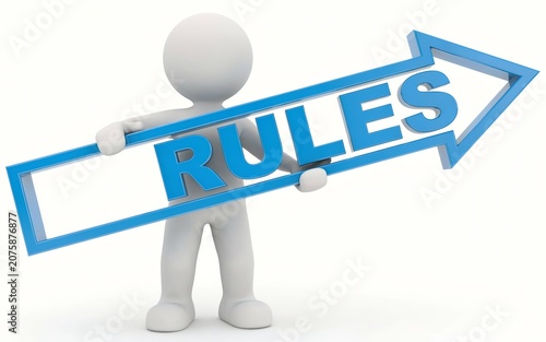 Business Rules Concept with 3D Character Holding Rules Arrow Sign Isolated on White Background