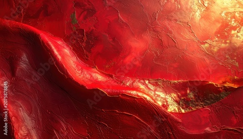 Abstract depiction of rich, textured red surfaces with golden accents, suggesting movement and depth.