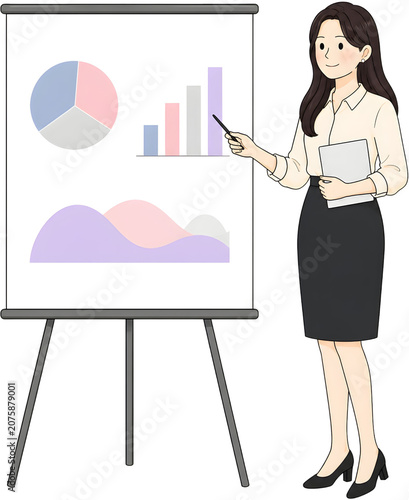 Businesswoman Presenting Charts on Flip Chart Cutout PNG