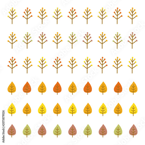 Cute flat autumn tree and leaf illustration set in multiple color variations arranged in seamless pattern on white background