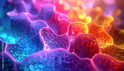 Abstract visualization of cells or biological structures glowing with vibrant neon colors.