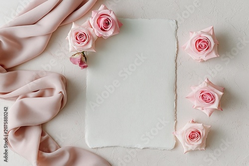 Elegant flat lay with soft pink roses, delicate silk ribbon, and blank paper for romantic wedding or event invitations