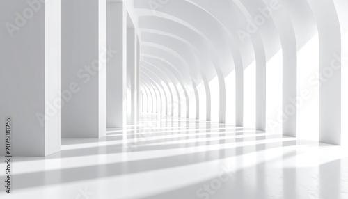 A long, white, futuristic architectural hallway with repeating arches and strong geometric shadows.