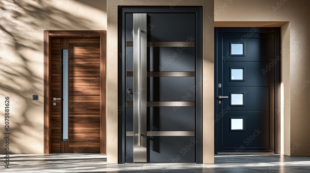 Fototapeta premium Modern and Elegant Exterior Doors Showcasing Diverse Designs, Materials, and Contemporary Styles