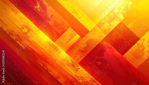 A vibrant abstract background features overlapping diagonal stripes and geometric shapes in warm hues of red, orange, and yellow, with a textured, grunge-like overlay.