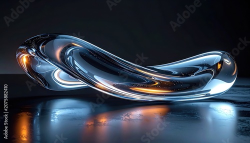 An abstract, fluid, metallic sculpture with glowing orange and blue highlights on a reflective surface.