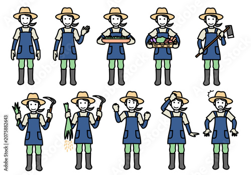 農作業をする女性の様々なポーズや表情を集めたバリエーションセット｜農業の紹介や家庭菜園の案内などに使える麦わら帽子姿のキャラクターイラスト