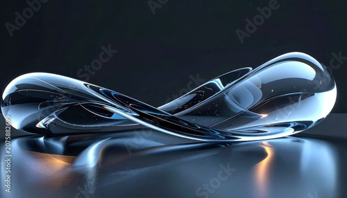 A visually striking abstract sculpture composed of transparent, fluid-like glass, with intricate internal details and a reflective surface, set against a dark, moody background.