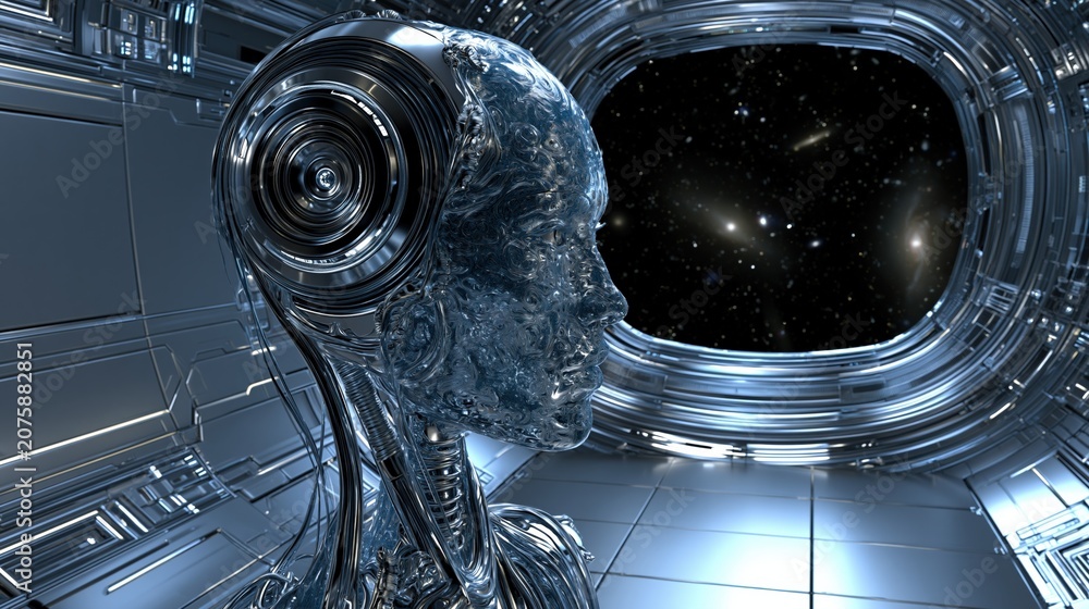 Fototapeta premium Futuristic metallic android head in a spaceship corridor overlooking a starry galaxy