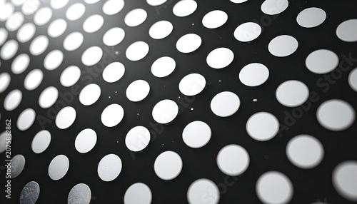 A diagonal perspective showcases a pattern of white circles against a dark background, with a soft light source illuminating the scene.