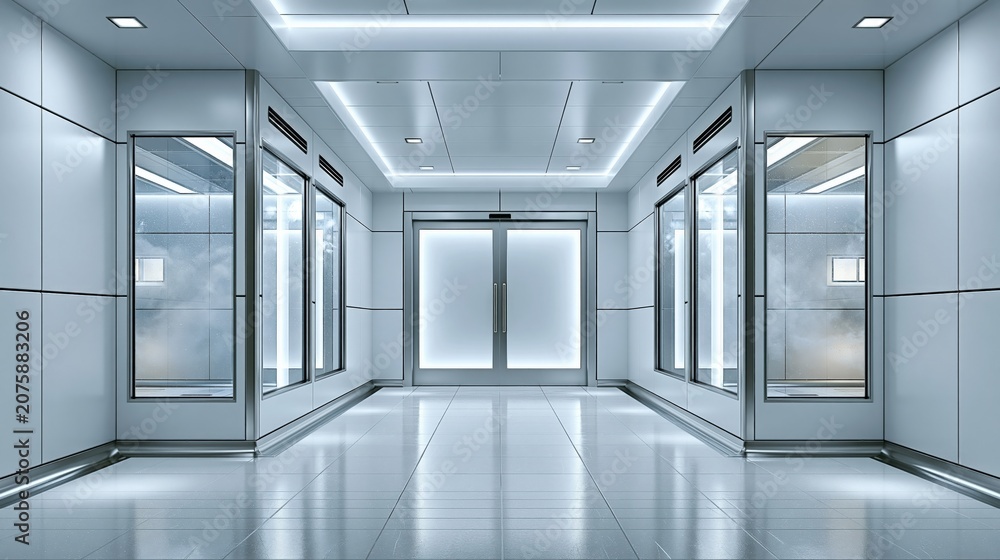 Fototapeta premium Modern Futuristic Corridor with Bright LED Lighting and Reflective Floors