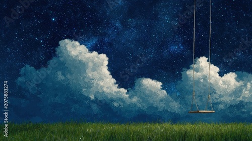 Empty wooden swing hanging over green grass under starry night sky