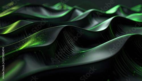 Abstract flowing waves of dark green and black with glowing green accents and particles.