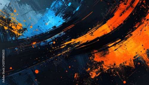 Abstract energetic brush strokes in blue and orange against a dark background.