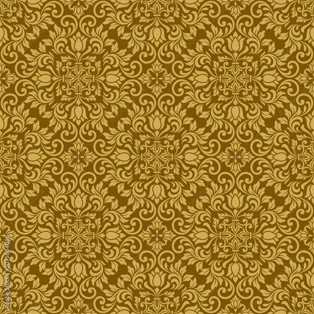 Fototapeta premium Elegant deep gold damask seamless wallpaper design featuring premium deep gold damask floral vector motifs for sophisticated deep gold damask textile backgrounds.