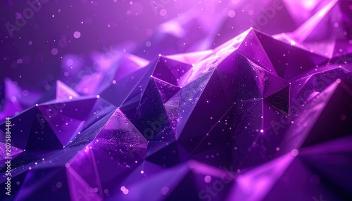A digital abstract background with shimmering purple geometric facets and glowing particles.