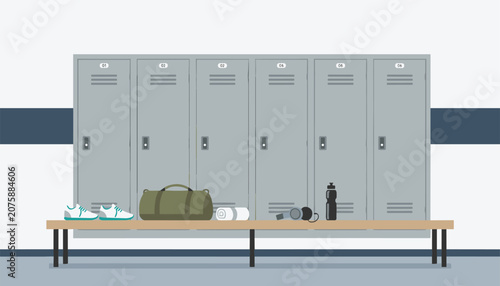 Clean empty gym locker room with gray metal lockers, a wooden bench, sneakers, a sports bag, and a water bottle.
