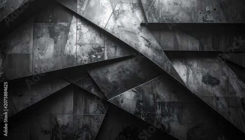 A dark, abstract geometric background featuring overlapping planes with a textured, distressed metallic surface.