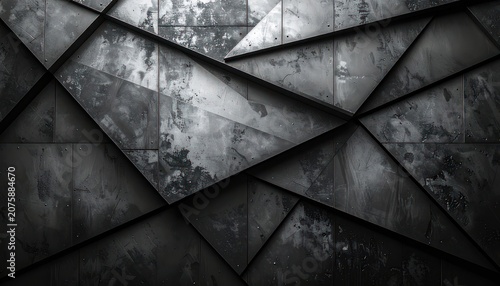 A dark, textured, abstract geometric background with sharp angles and a distressed metal finish.