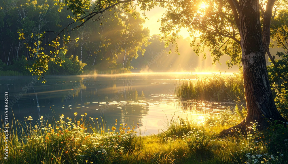 Fototapeta premium Tranquil lakeside landscape sunlight