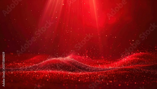 A visually stunning abstract background featuring a deep red, flowing, glittery surface illuminated by soft, ethereal beams of light from above.