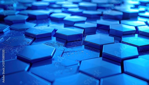 A close-up, abstract view of a tessellated surface composed of shiny blue hexagonal prisms.