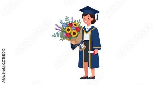 Happy female graduate in academic gown holding flower bouquet and diploma