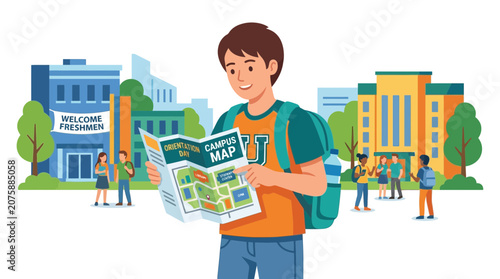 Happy male student holding a campus map on university orientation day for newcomers
