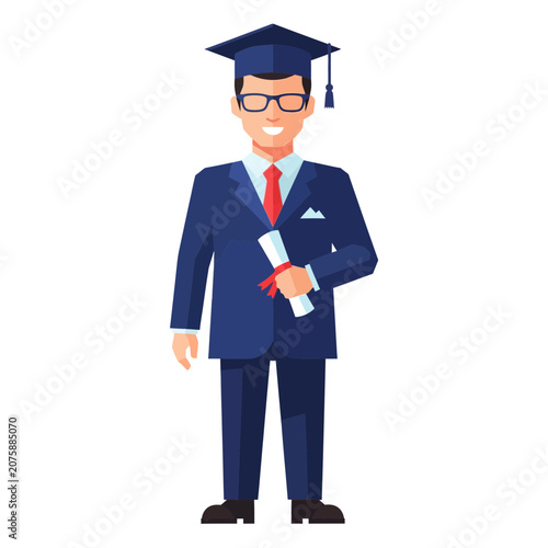 Happy Male Student Holding Diploma Certificate on Graduation Day Flat Vector Illustration