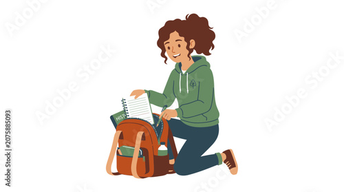 Happy Student Girl Packing Her Backpack with School Supplies and Notebook