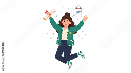 Happy Student Jumping in Celebration Holding Diploma Certificate Illustration
