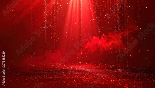 Dramatic red stage with falling glitter and volumetric light.