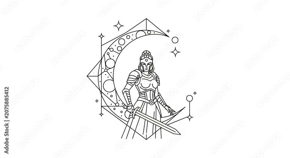 Obraz premium Celestial warrior woman with sword and moon, geometric constellation, mystical fantasy art