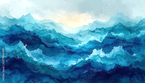 Abstract watercolor painting of rolling ocean waves under a bright sky.
