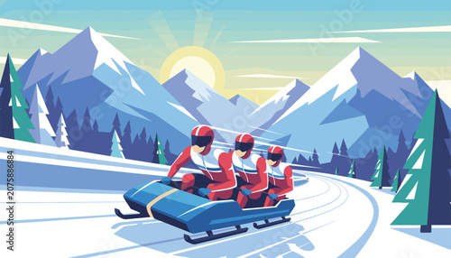 Professional bobsleigh team racing down a snowy track with majestic mountains and a bright sun in the winter background.