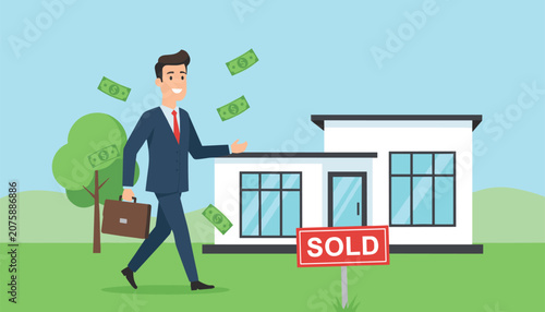 Successful real estate agent walking past a modern house with a sold sign while money rains down around him in the air.