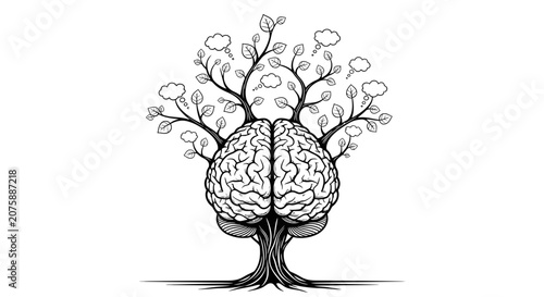 Conceptual Brain Tree with Thought Bubbles Line Art