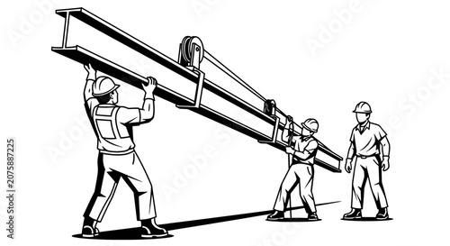 Construction Workers Lifting Steel Beam Illustration