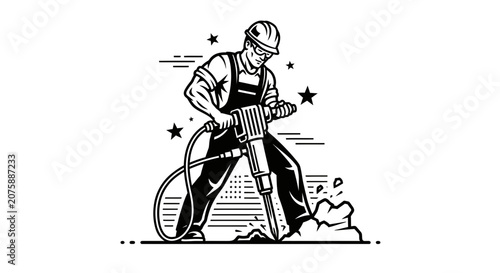 Construction Worker Operating a Jackhammer Vector Illustration