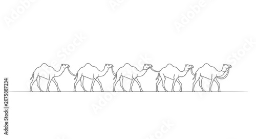 Continuous line art of a camel caravan walking in a row