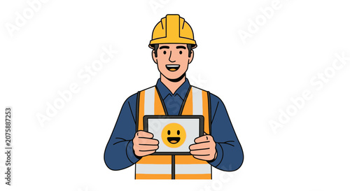 Construction Worker Holding Tablet with Smiley Face Icon