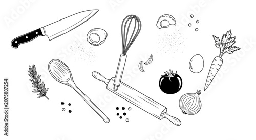 Cooking Tools and Fresh Ingredients Line Art Illustration