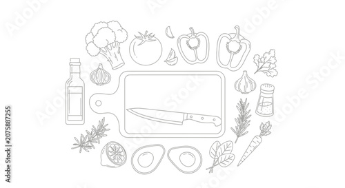 Cooking Ingredients and Kitchen Utensils Outline Illustration