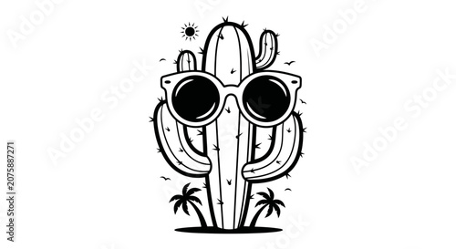 Cool Cactus Wearing Sunglasses Black and White Illustration