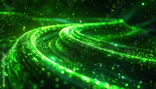 A flowing stream of green light particles creates a sense of movement and energy.