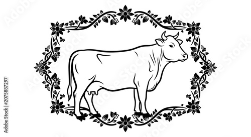 Cow Illustration inside Floral Frame