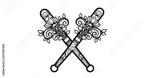 Crossed Ceremonial Batons with Ornate Floral Lotus Engravings
